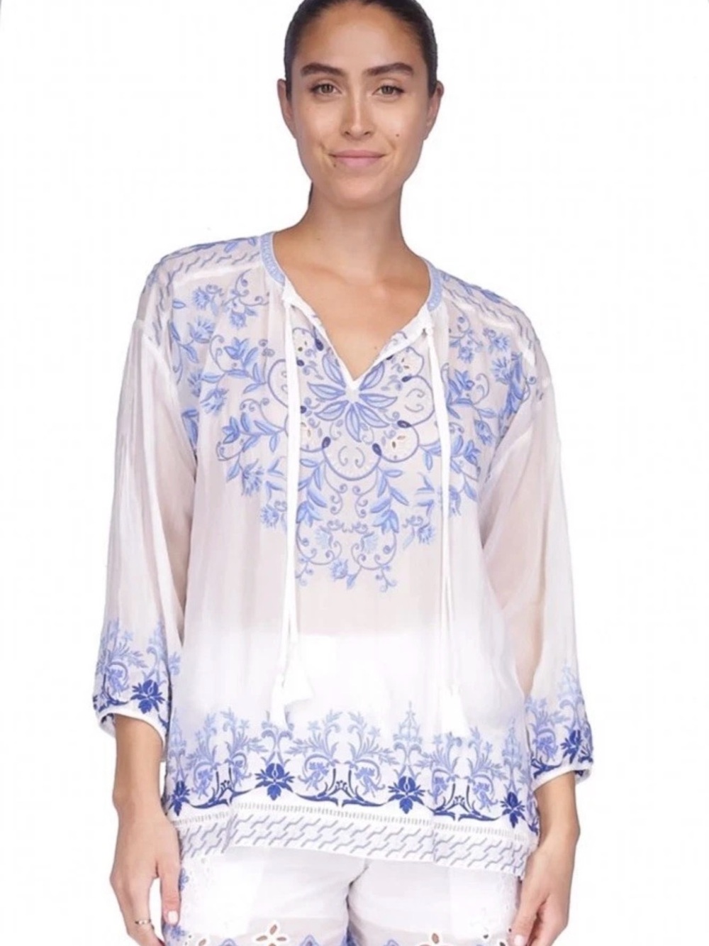 Johnny Was White Margot Tunic with Blue Embroidered Motifs